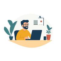 Desk Setup with Person Concentrating on Work vector