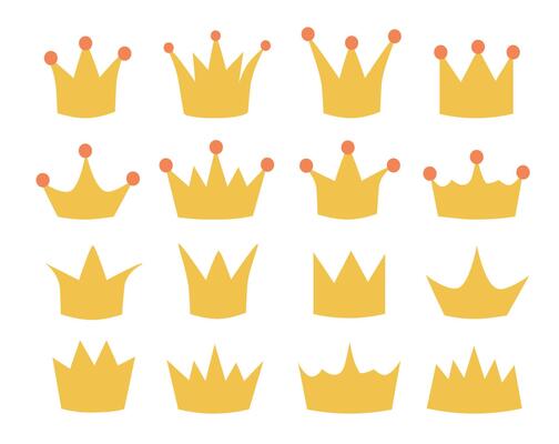 Set of crown. Simple gold icons with crowns of kings, princes, monarchs and queens. Flat illustration collection isolated on background.