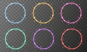 Glowing circle frames set. Different color shiny ring with light elements vector