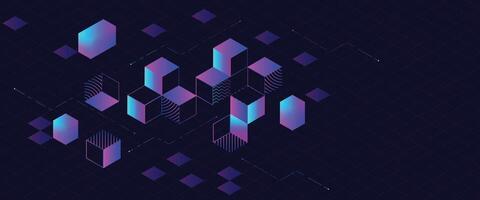 Blockchain technology abstract background with futuristic 3D cubes in gradient neon colors of purple and blue. Digital connections, data security, and decentralized systems concept. vector