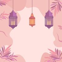 Empty Islamic Greeting Card Frame Background with Lantern and Floral Decoration vector