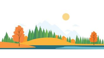 River Lake with Hill Mountain and Sun in Bright Sky in Autumn Fall Season vector