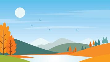 River Lake Nature View with Hill Mountain and Sun in Bright Sky in Autumn Fall vector