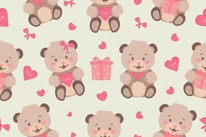 Seamless pattern with cute teddy bears and hearts in flat style on light background. Valentine's Day, Teddy Bear Day design. vector