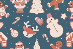 Winter seamless pattern with Christmas figures, gingerbread cookies. Stunning holiday background. Christmas repeat texture for surface design, wallpaper, fabric, wrapping paper, etc. vector
