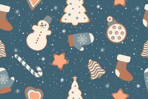 Winter seamless pattern with Christmas figures, gingerbread cookies. Trendy holiday background. Christmas repeat texture for surface design, wallpaper, fabric, wrapping paper etc. . vector