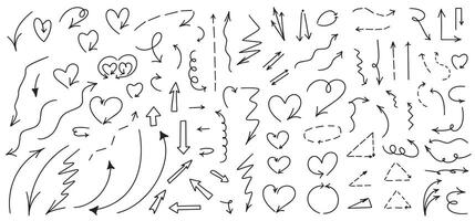 Hand drawn arrows and squiggles in different directions, creative shapes. . vector