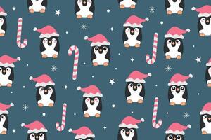 Christmas seamless pattern with cute penguins in Santa hats and snowflakes. Winter repeat texture with funny characters. Holiday print for kids fabric, wrapping paper. vector