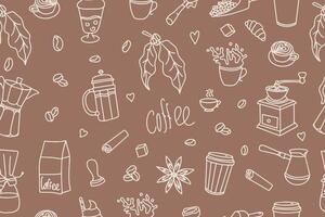 Coffee hand drawn seamless pattern for packaging, textile, printing. Modern background design with tea and coffee. Background Mocha Mousse. vector