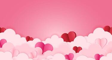 Pink background with fluffy clouds and hearts hidden in them. Valentine's Day card template in cut paper style with space for text. vector