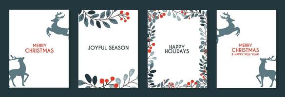 Holiday cards with deer, rowan branches and berries frames and greeting inscriptions. Winter art templates. vector