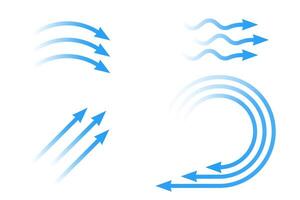 Air flow. Set of blue arrows showing direction of air movement. Wind direction arrows. Blue cold fresh stream from the conditioner. vector