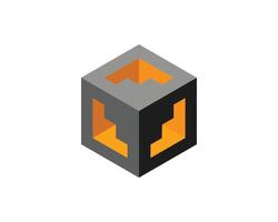 Cube logo, geometric design. Box logotype company, trendy tech emblem in pixel style. vector