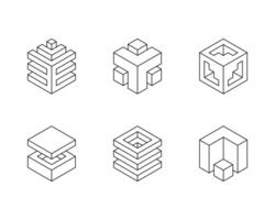 Black and white Cube logo, geometric design. Set box logotype company, trendy techno emblem in isometric 3D style. vector