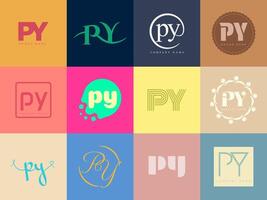 PY logo company template. Letter p and y logotype. Set different classic serif lettering and modern bold text with design elements. Initial font typography. vector