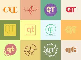 QT logo company template. Letter q and t logotype. Set different classic serif lettering and modern bold text with design elements. Initial font typography. vector