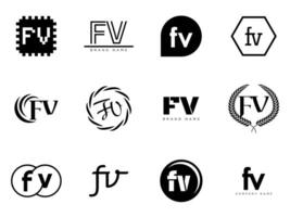 FV logo company template. Letter f and v logotype. Set different classic serif lettering and modern bold text with design elements. Initial font typography. vector