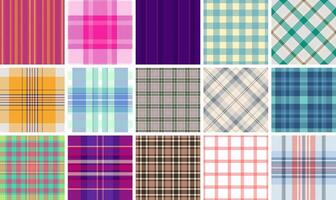 Fashionable plaid fabric designs with stripes and check patterns, perfect for repeating textile prints or trendy shirt materials. vector