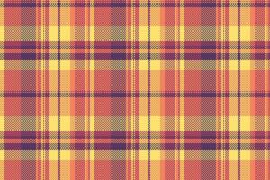 Deco check texture, merry seamless textile background. Crossed plaid tartan fabric pattern in red and yellow colors. vector