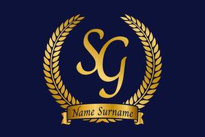 Initial letter S and G, SG monogram logo design with laurel wreath. Luxury golden calligraphy font. vector