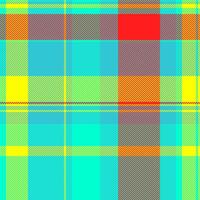 1960s fabric plaid, garment texture seamless pattern. Day tartan textile check background in cyan and bright colors. vector