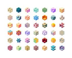 Cube logo, geometric design. Set box logotype company, trendy techno emblem in isometric 3D style. vector
