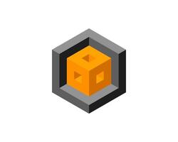 Cube logo, geometric design. Box logotype company, trendy tech emblem in pixel style. vector