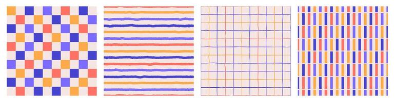 Seamless pattern set of multicolored hand drawn curved checkered lines, strip. Trendy design with abstract shapes, simple and playful doodle wallpaper print vector