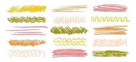 Charcoal pencil scribble set, crayon brush color underline, colorful pencil sketchy lines, line chalk highlight stroke. Childish hand drawn illustration vector