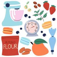 Macarons dessert with baking tools, ingredients, and flavor elements like berries, chocolate, mint and coffee. vector