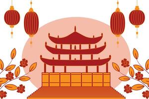 Elegant Chinese New Year design featuring a palace, gold and red flowers, and festive lanterns vector