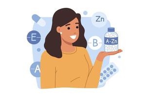 Girl takes vitamins from A to Zn to improve immunity and avoid diseases, negatively affect health vector