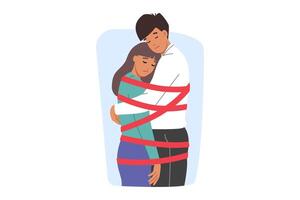 Toxic relationship between man and woman tied with rope and feeling restricted or depressed vector