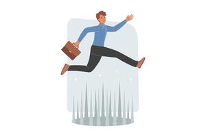 Challenge for business man jumping over dangerous obstacle on path to success and career growth vector