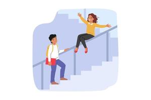 Primary school students have fun during recess and ride on staircase railings enjoying vacation vector