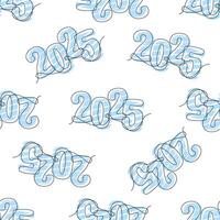 Seamless pattern with 2025 single continuous line. New Year concept. Holiday greeting card headline decoration. Date numbers concept design. One sketch outline drawing illustration. vector