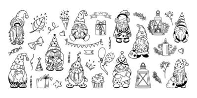 Cute dwarf collection with festive elements in outline style vector