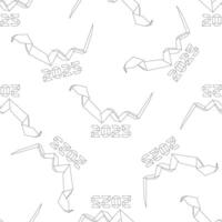 Seamless pattern with black origami snake under number 2025. Isolated serpent silhouette design combined as numeric symbol for 2025 Chinese New Year celebration with snake zodiac sign. vector