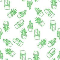 Seamless pattern with collection of green cactuses in pots, plants, hand drawn in trendy doodle style. Colorful illustrations and prints. vector