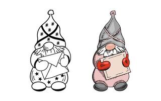 Outline doodle and colored hand-drawn festive dwarf holding an envelope vector
