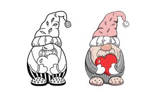 Outline doodle and colored hand-drawn dwarf with heart vector