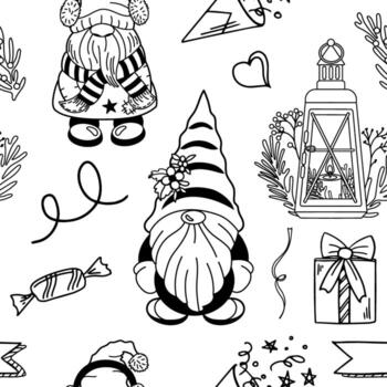 Seamless festive dwarf pattern with lanterns and holiday decorations vector