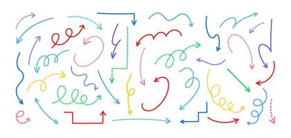 Hand-drawn decorative colorful arrows and curved lines on white background vector
