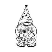 Outline doodle of a whimsical dwarf holding an autumn pumpkin vector