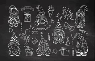 Festive chalk illustration of dwarfs and holiday decorative elements on chalkboard background vector