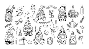 Outline doodle collection of festive dwarf and holiday elements vector