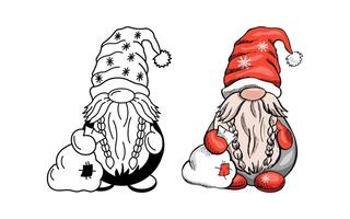 Dwarf with braids and sack in festive hat in doodle and colored hand-drawn style vector