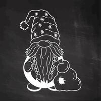 Dwarf with braids and festive hat holding a sack on chalkboard background vector