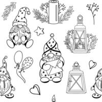 Seamless outline doodle pattern with dwarf and festive elements vector