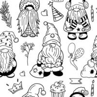 Seamless festive dwarf pattern with balloons and holiday cupcakes vector